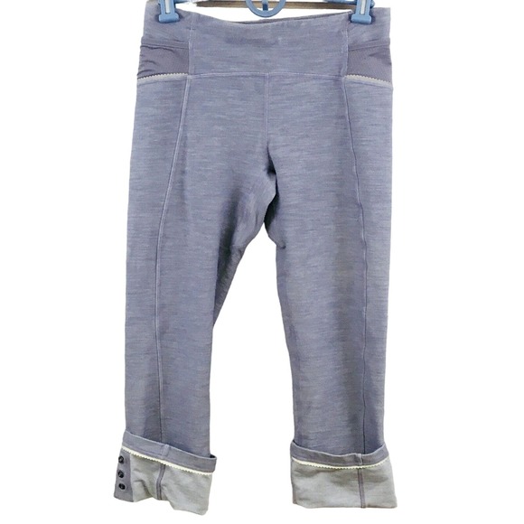 Womens 6 Lululemon Ride On Leggings Gray Capri Slub Knit Button Cuff‎ Reflective - Picture 2 of 11